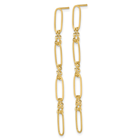 14k Yellow Gold Dangle Earrings with Elongated Oval and Textured Chain Links, Minimalist Design