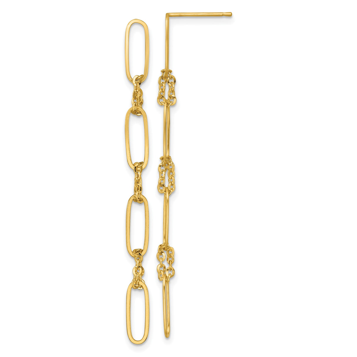 14k Yellow Gold Dangle Earrings with Elongated Oval and Textured Chain Links, Minimalist Design