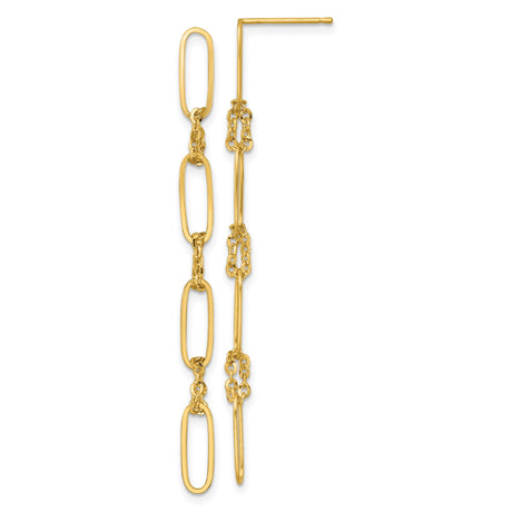14k Yellow Gold Dangle Earrings with Elongated Oval and Textured Chain Links, Minimalist Design