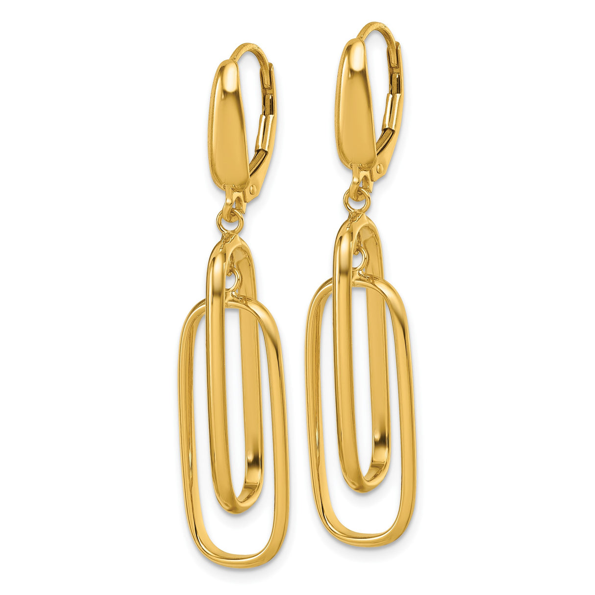 14k Yellow Gold Dangle Earrings with Interlocking Oval Drops, Polished Finish, Leverback Closures