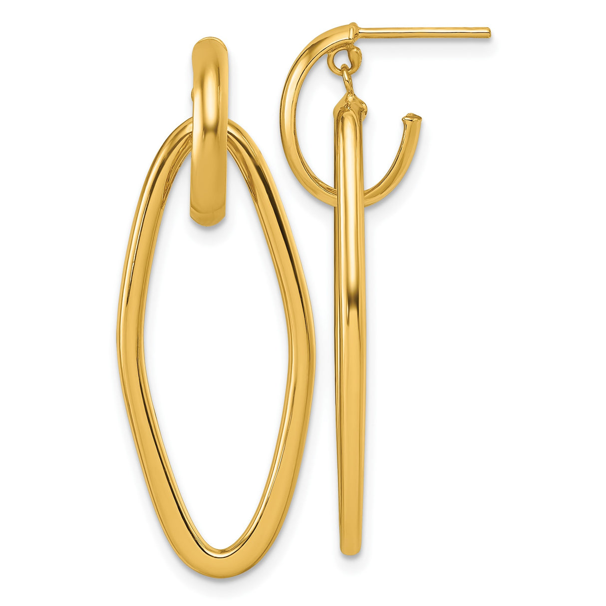 14k Yellow Gold Dangle Hoop Earrings, Oval Twist Design, High Polish, Lightweight Minimalist Style