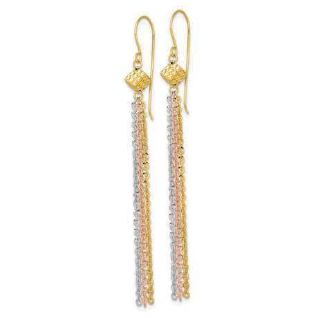 14k Yellow Gold Dangle Earrings with Tri Color Tassel Chains and Hammered Accent