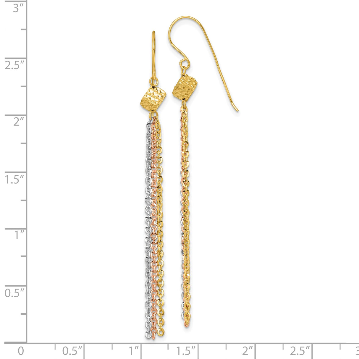 14k Yellow Gold Dangle Earrings with Tri Color Tassel Chains and Hammered Accent