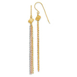 14k Yellow Gold Dangle Earrings with Tri Color Tassel Chains and Hammered Accent