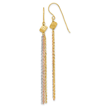 14k Yellow Gold Dangle Earrings with Tri Color Tassel Chains and Hammered Accent