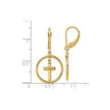 14k Yellow Gold Dangle Earrings with Open Circle and Polished Cross Leverback Design