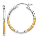 14k Yellow Gold Hoop Earrings with Rhodium Two-Tone Diamond-Cut Leaf Accents