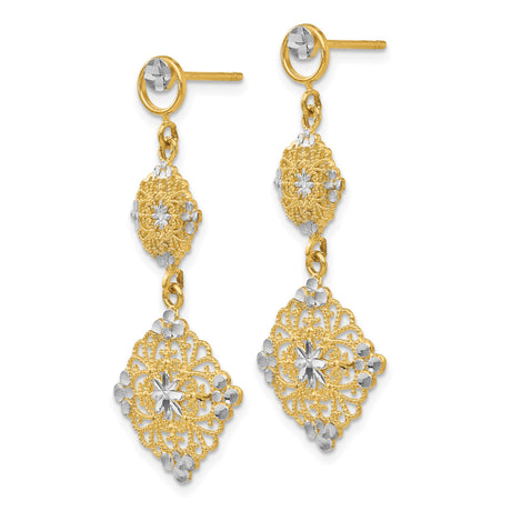 14k Yellow Gold Dangle Earrings with Rhodium, Filigree Floral and Starburst Design