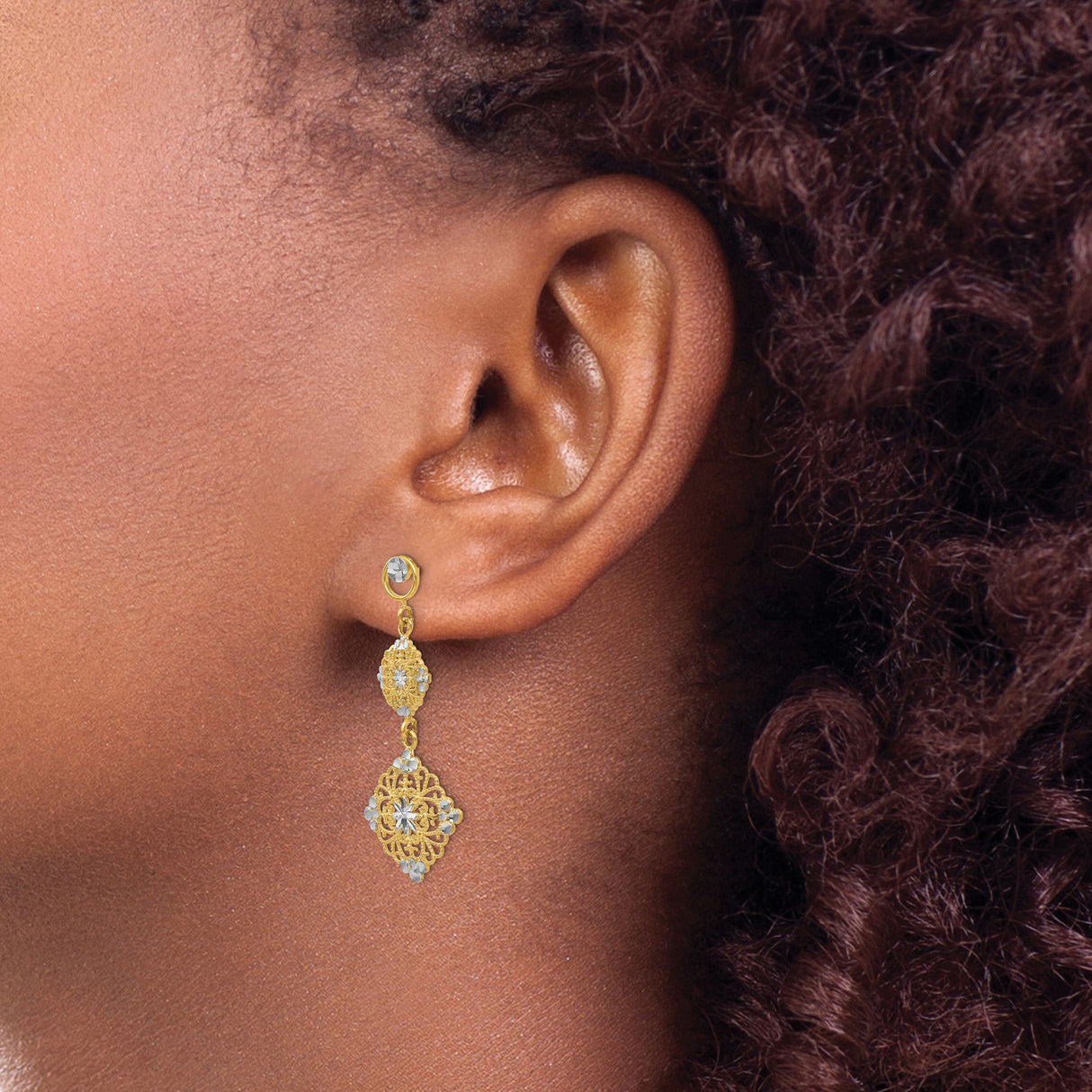 14k Yellow Gold Dangle Earrings with Rhodium, Filigree Floral and Starburst Design