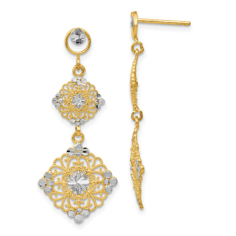 14k Yellow Gold Dangle Earrings with Rhodium, Filigree Floral and Starburst Design
