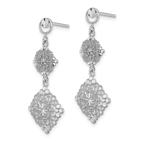 14k White Gold Dangle Earrings, Filigree Floral Drop with Starburst Accents, Vintage Inspired