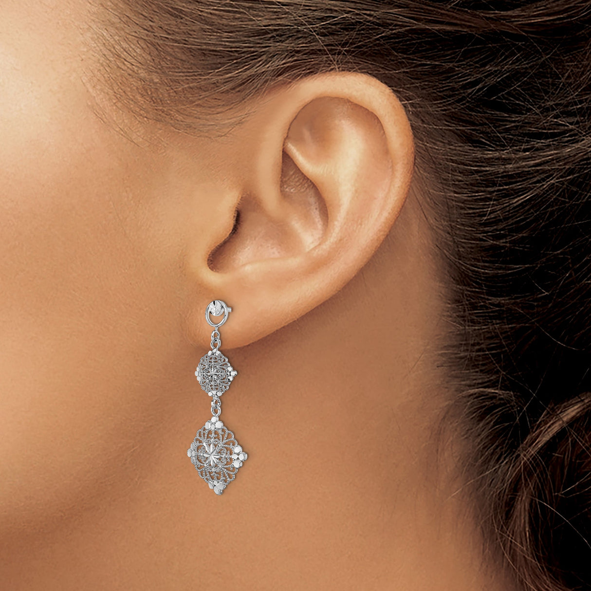 14k White Gold Dangle Earrings, Filigree Floral Drop with Starburst Accents, Vintage Inspired