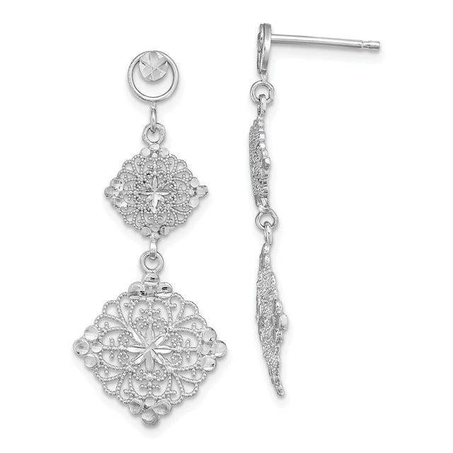 14k White Gold Dangle Earrings, Filigree Floral Drop with Starburst Accents, Vintage Inspired