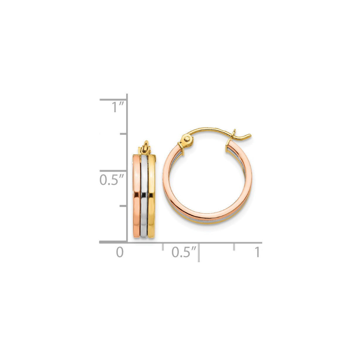 14k Tri-Color Gold Hoop Earrings with Intertwined Yellow, White, and Rose Gold Bands
