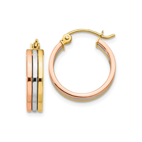 14k Tri-Color Gold Hoop Earrings with Intertwined Yellow, White, and Rose Gold Bands