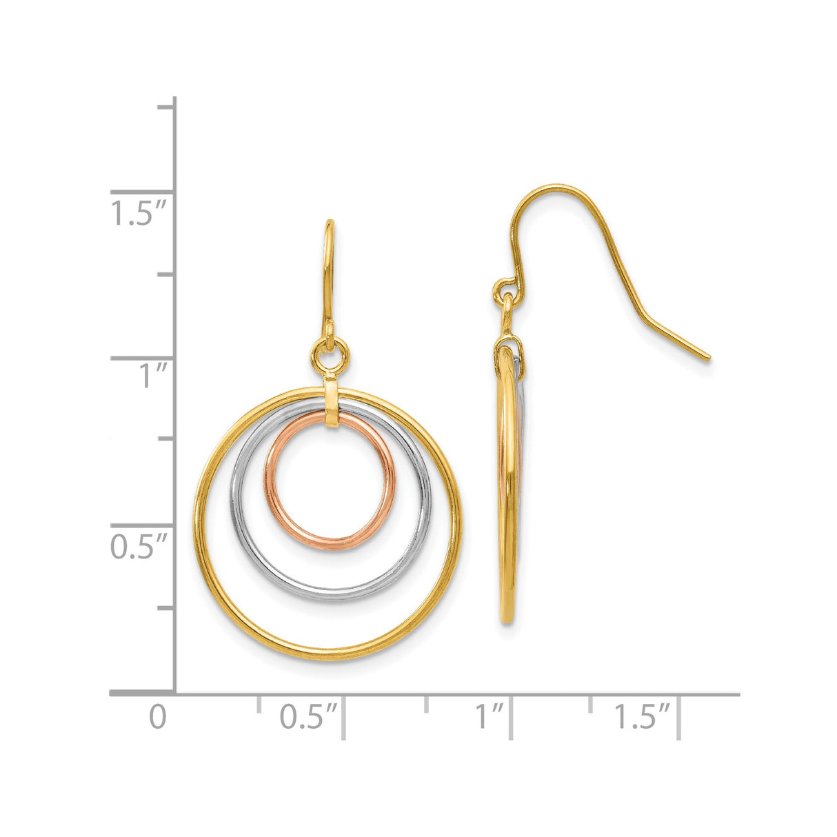 14k Tri-Color Gold Dangle Earrings with Interlocking Hoops, Lightweight Drop Style