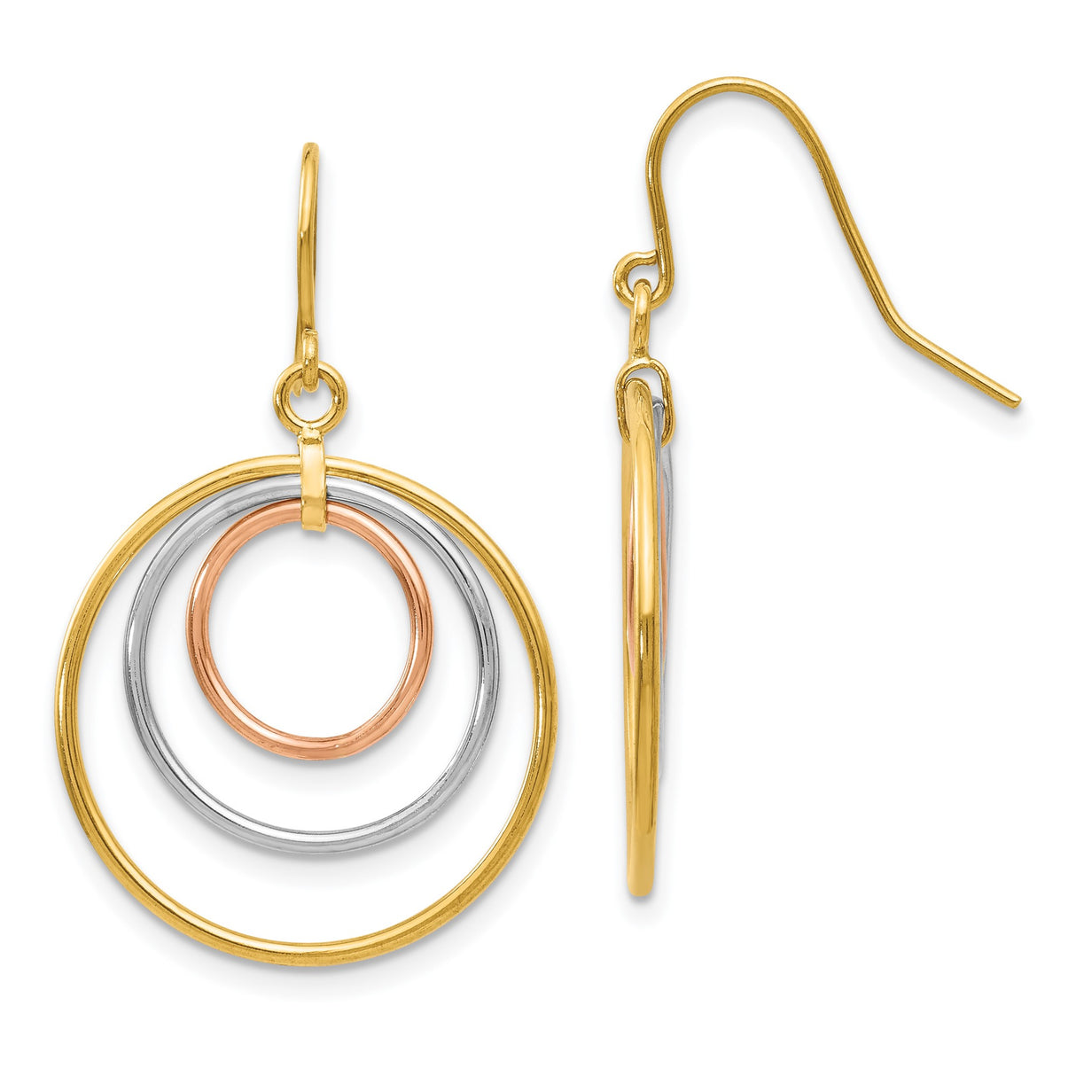 14k Tri-Color Gold Dangle Earrings with Interlocking Hoops, Lightweight Drop Style