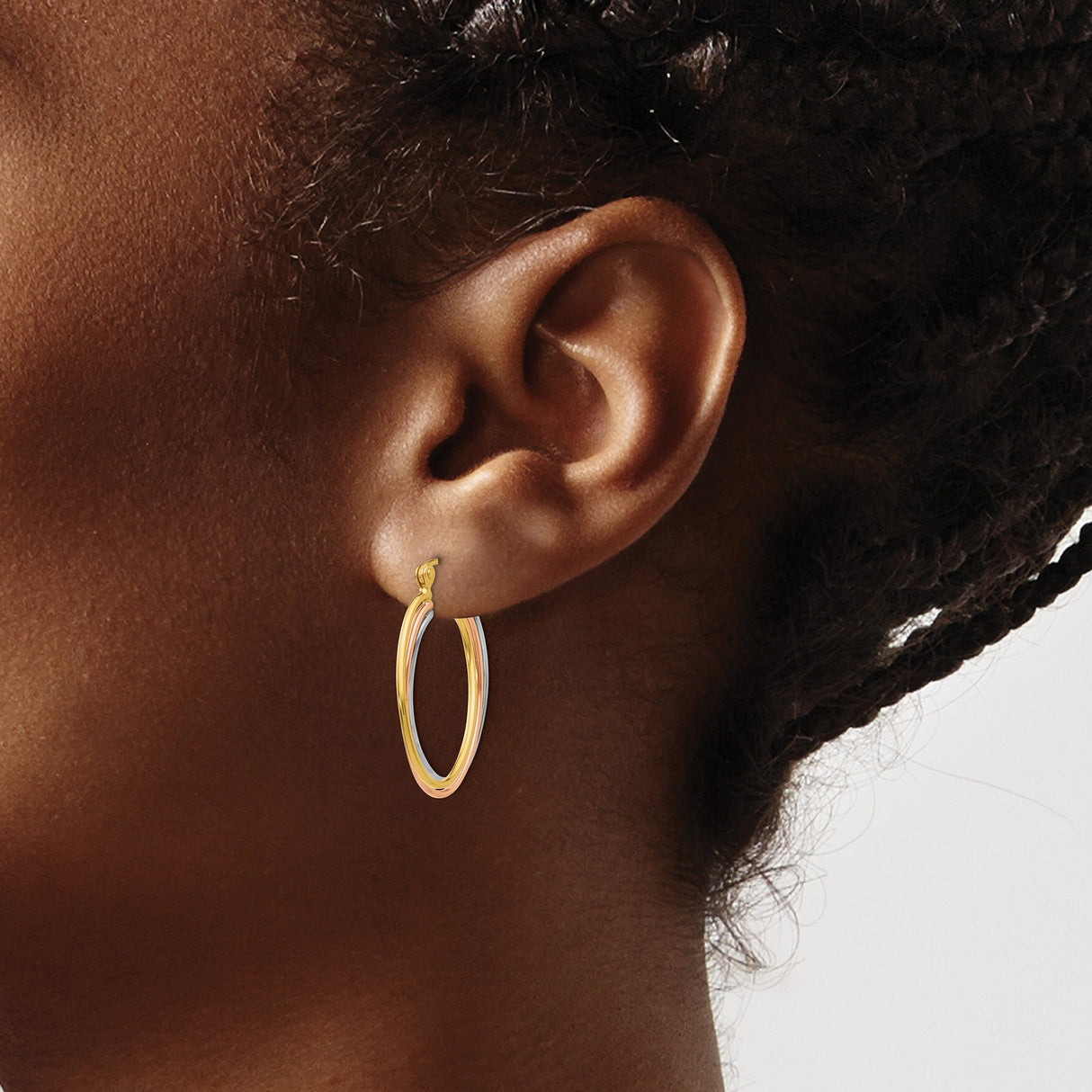 14k Tri Color Gold Hoop Earrings with Interlocking Yellow, White, and Rose Gold Loops