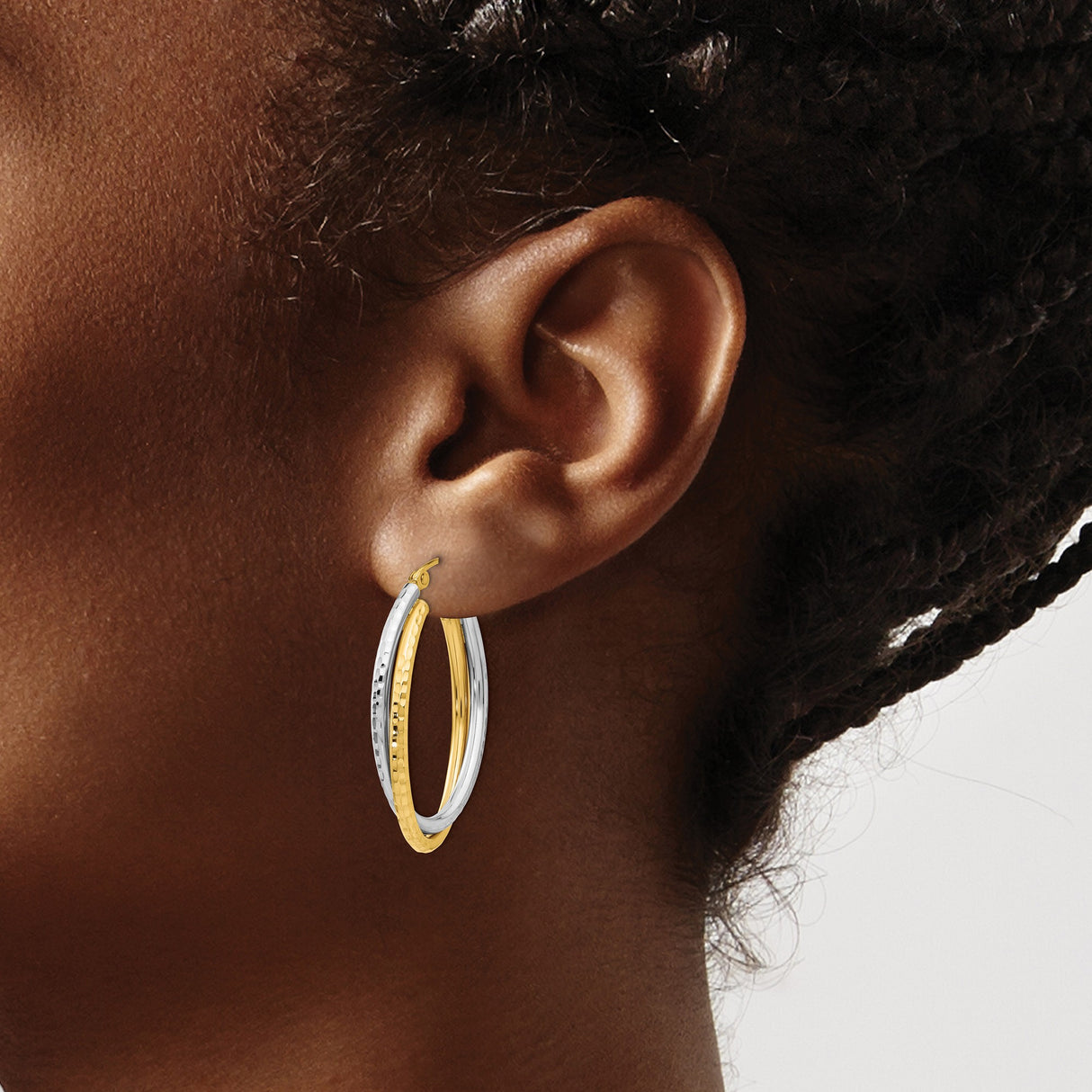 14k Two-Tone Gold Hoop Earrings with Twisted Oval and Hammered Design