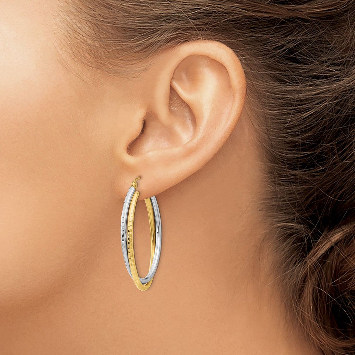 14k Two-Tone Gold Hoop Earrings, Hammered Textured Yellow and White Oval Style