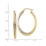 14k Two-Tone Gold Hoop Earrings, Hammered Textured Yellow and White Oval Style