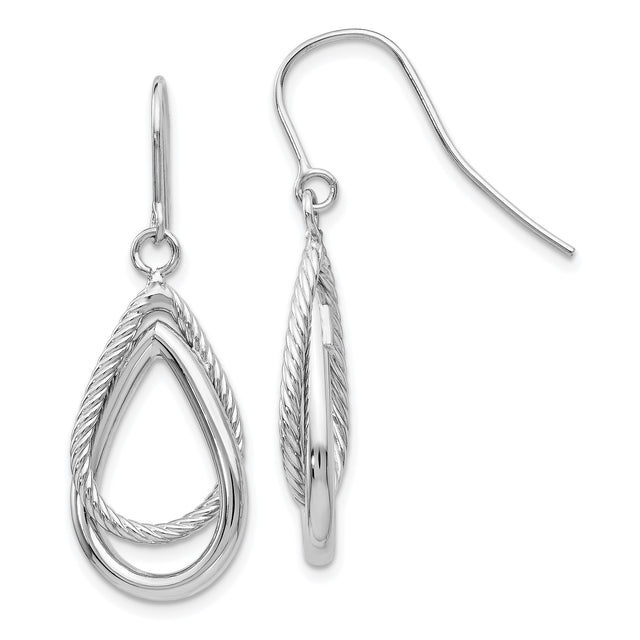 14k White Gold Dangle Earrings with Twisted Rope Teardrop Design and Intertwined Loops