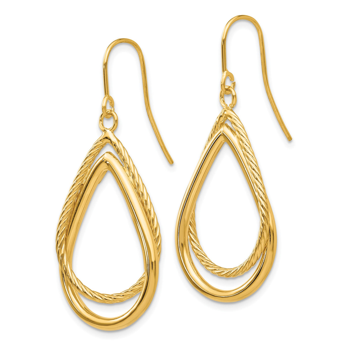 14k Yellow Gold Teardrop Dangle Earrings with Twisted Rope and Polished Dual Layer Design