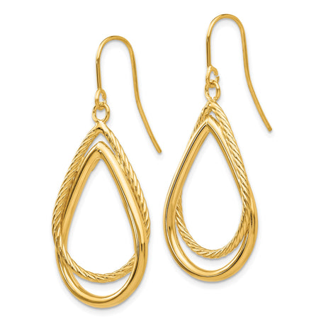 14k Yellow Gold Teardrop Dangle Earrings with Twisted Rope and Polished Dual Layer Design