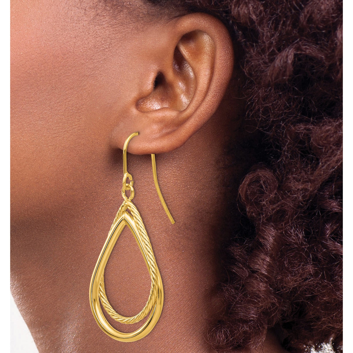 14k Yellow Gold Teardrop Dangle Earrings with Twisted Rope and Polished Dual Layer Design