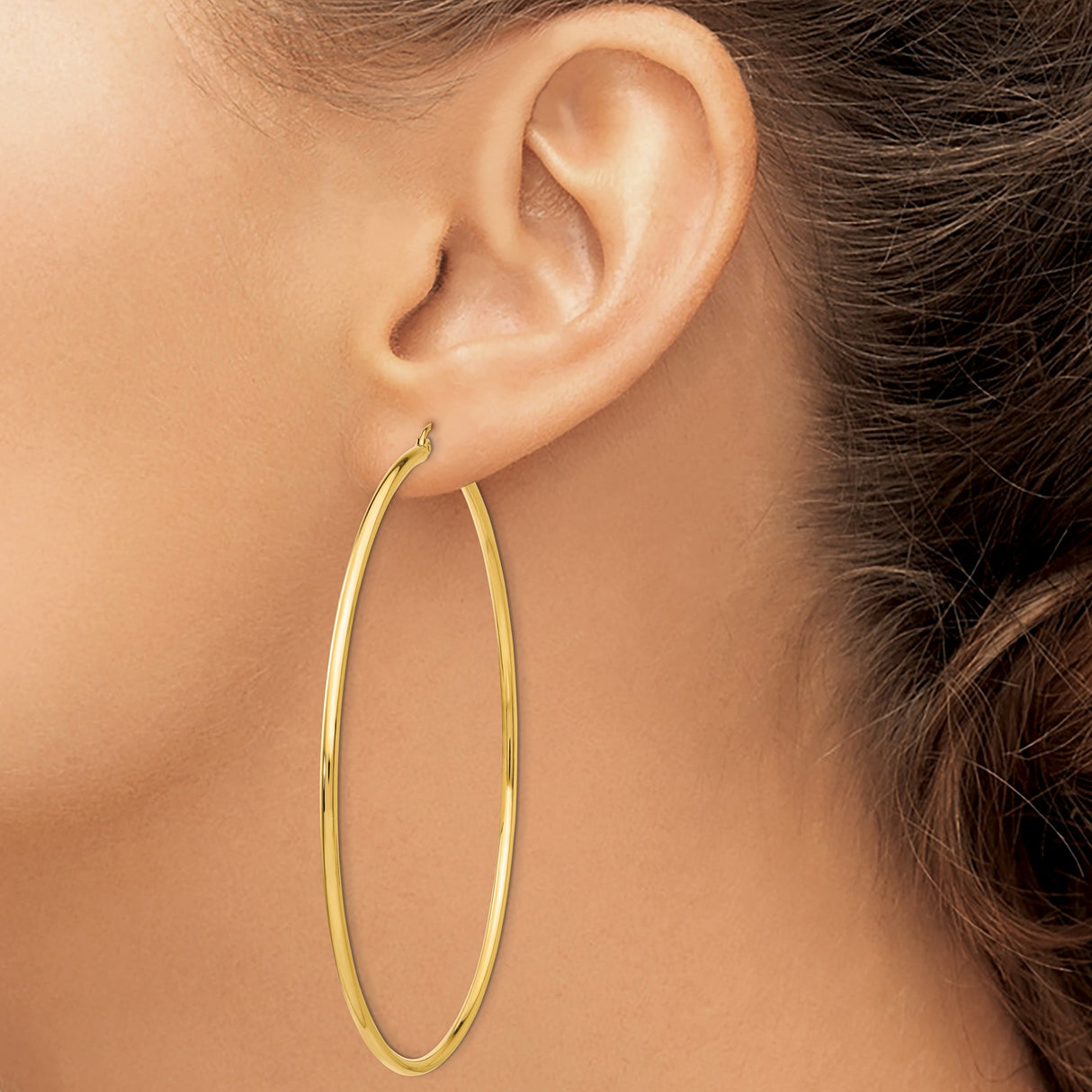 14k Yellow Gold Hoop Earrings, Large Polished Round Design, Lightweight Statement Style for Women