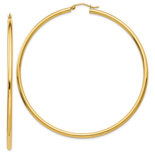 14k Yellow Gold Hoop Earrings, Classic Round Design with Polished Finish, Medium Size Latch Back Hoops