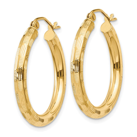 14k Yellow Gold Hoop Earrings, Textured Lightweight Round Hoops with Polished Finish