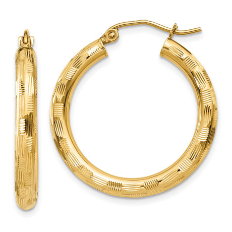 14k Yellow Gold Hoop Earrings, Textured Lightweight Round Hoops with Polished Finish