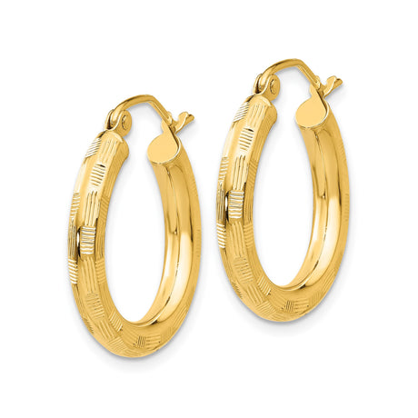 14k Yellow Gold Hoop Earrings with Etched Textured Design and Latch Back Clasp