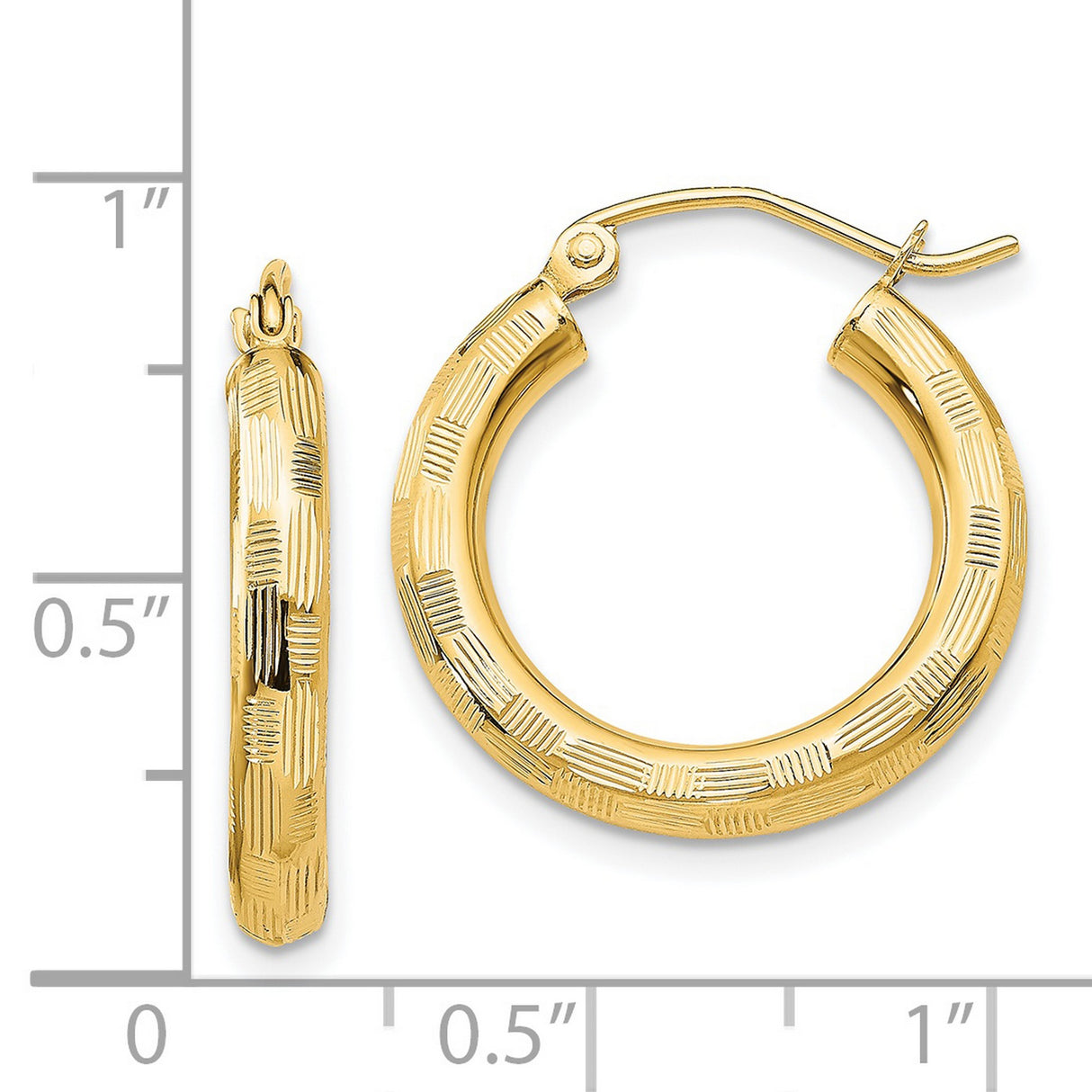 14k Yellow Gold Hoop Earrings with Etched Textured Design and Latch Back Clasp