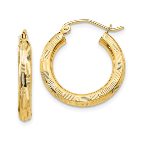 14k Yellow Gold Hoop Earrings with Etched Textured Design and Latch Back Clasp