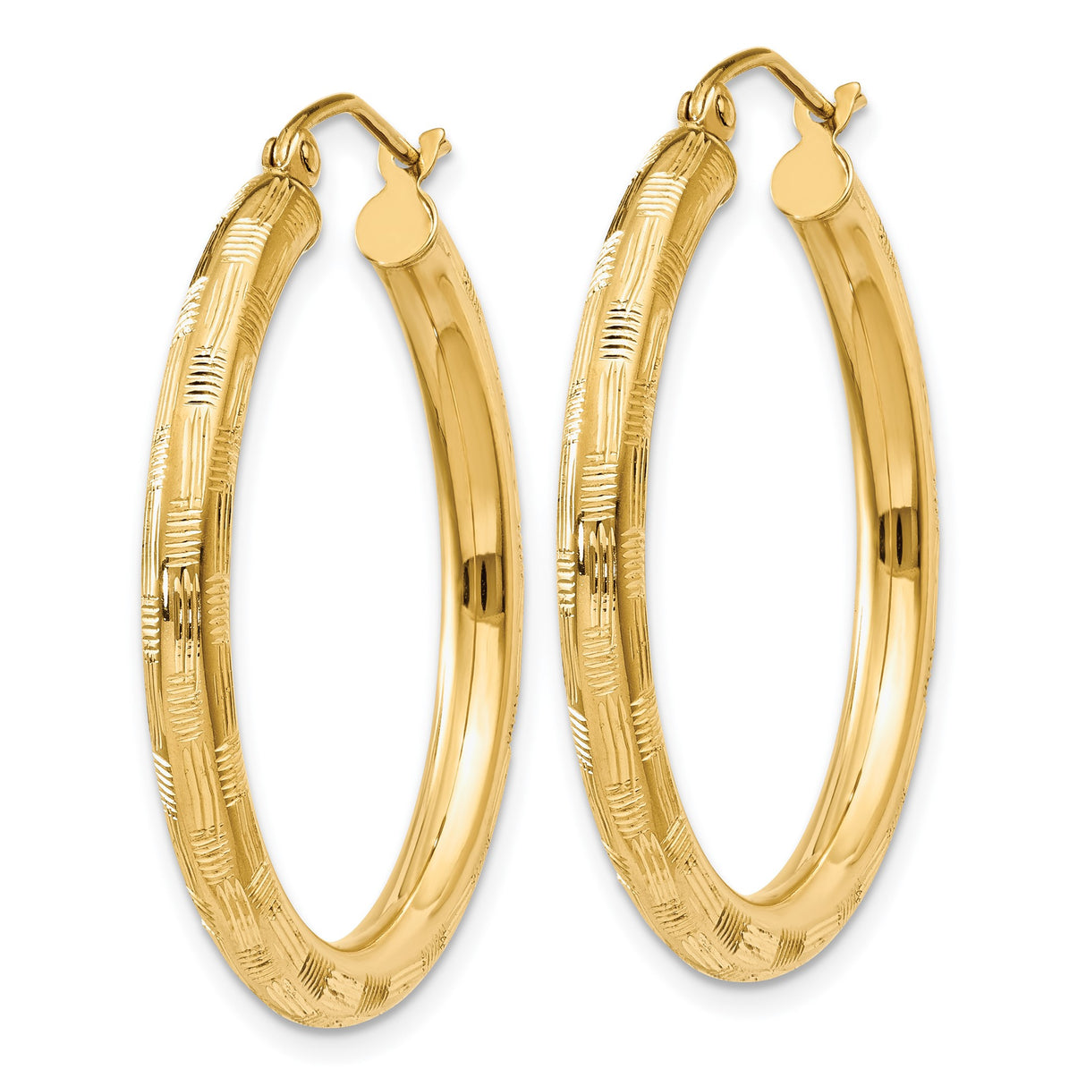 14k Yellow Gold Hoop Earrings, Textured Crosshatch Design, Classic Round with Latch Back Closure