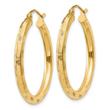 14k Yellow Gold Hoop Earrings, Textured Crosshatch Design, Classic Round with Latch Back Closure