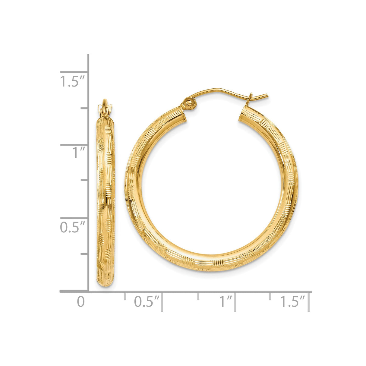 14k Yellow Gold Hoop Earrings, Textured Crosshatch Design, Classic Round with Latch Back Closure