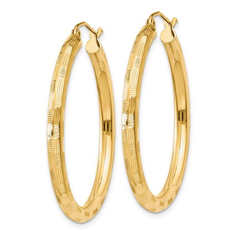 14k Yellow Gold Hoop Earrings, Textured Classic Round Design, Lightweight for Women