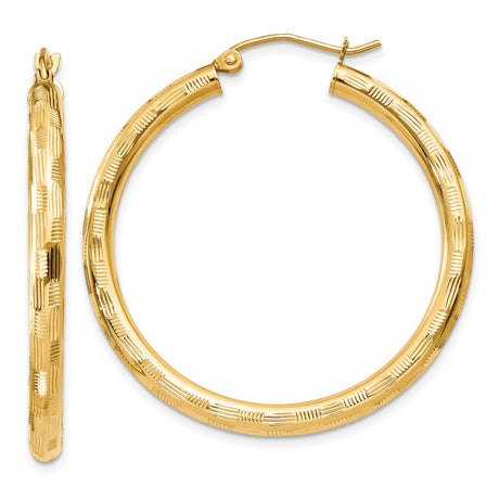 14k Yellow Gold Hoop Earrings, Textured Classic Round Design, Lightweight for Women