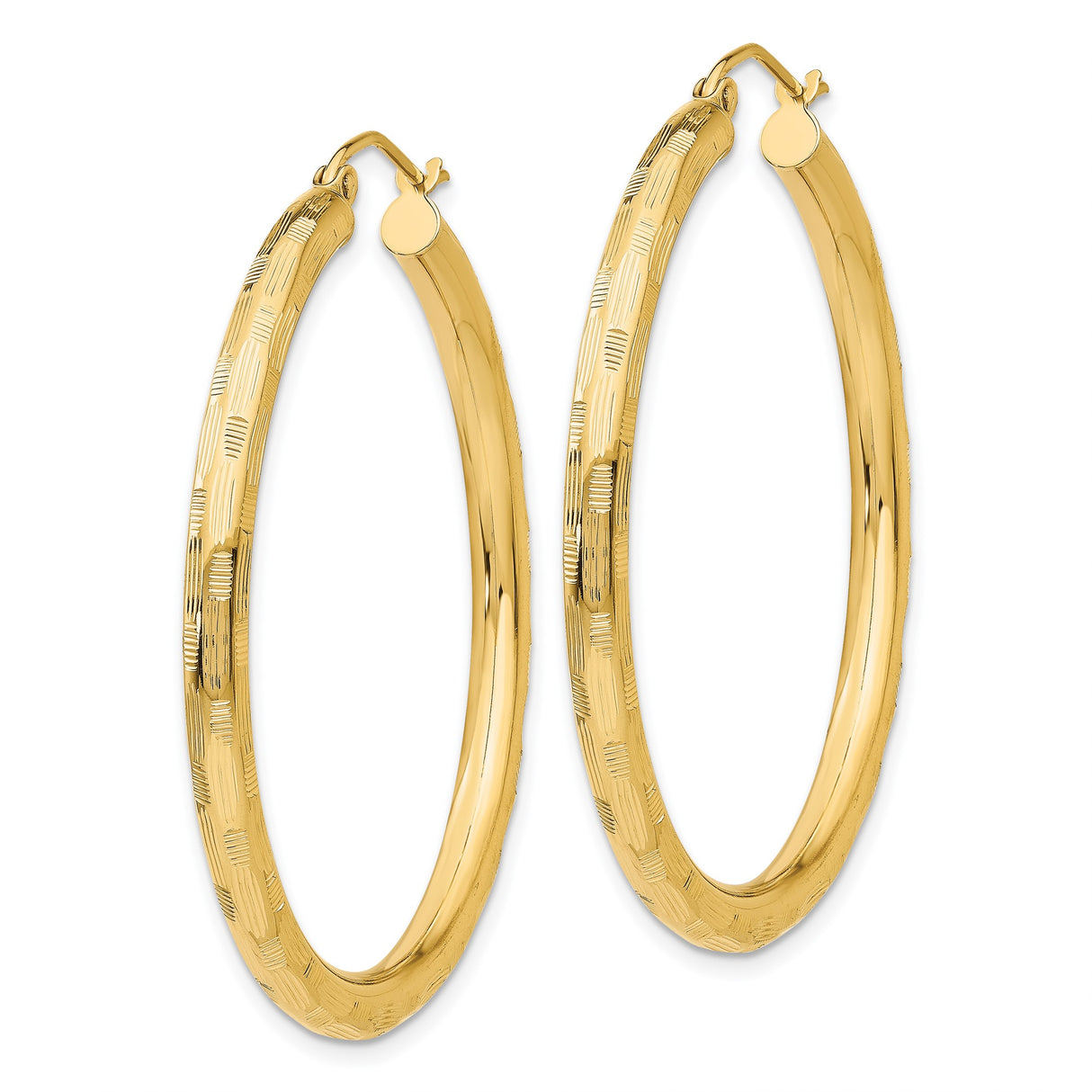 14k Yellow Gold Hoop Earrings with Etched Textured Design and Latch-Back Closure