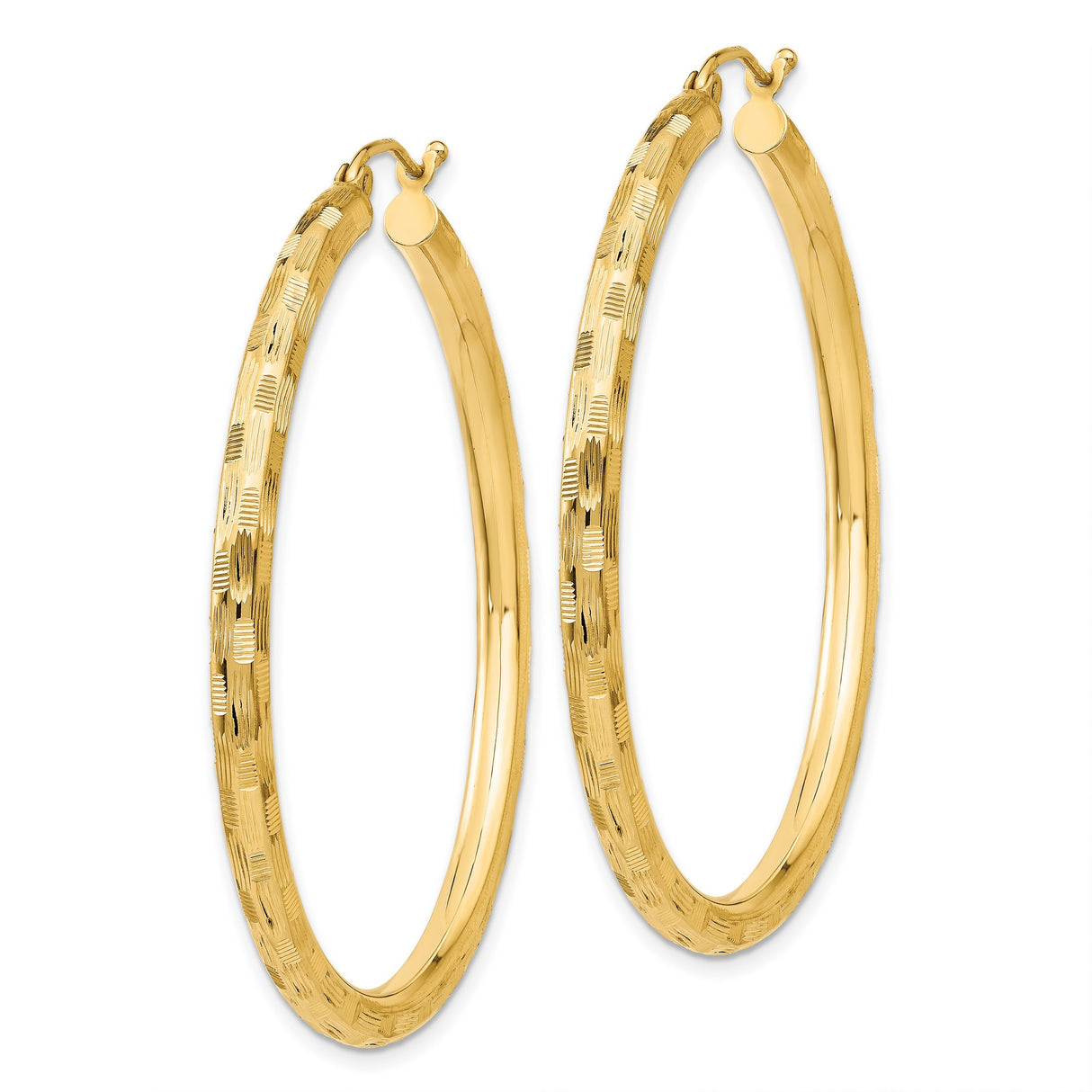 14k Yellow Gold Hoop Earrings with Etched Diamond Cut Texture and Polished Finish