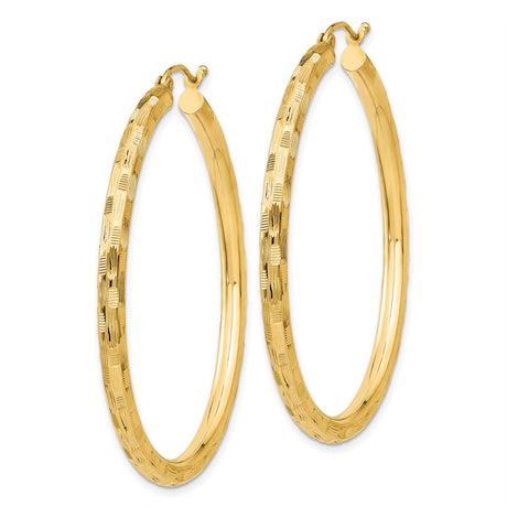 14k Yellow Gold Hoop Earrings with Etched Diamond Cut Texture and Polished Finish