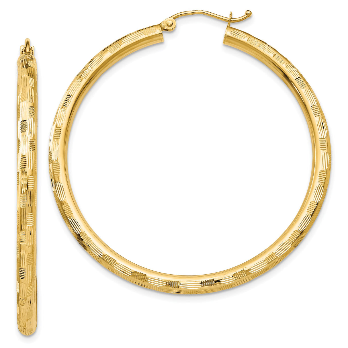 14k Yellow Gold Hoop Earrings with Etched Diamond Cut Texture and Polished Finish