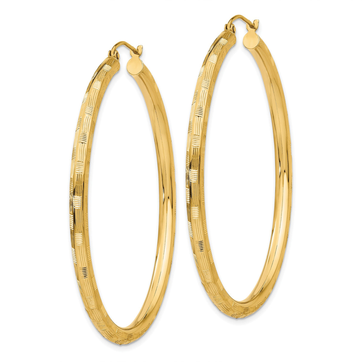 14k Yellow Gold Hoop Earrings with Textured Pattern, Lightweight Polished Finish for Women