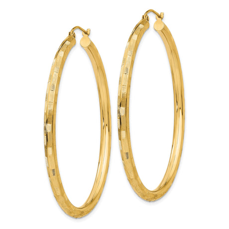 14k Yellow Gold Hoop Earrings with Textured Pattern, Lightweight Polished Finish for Women