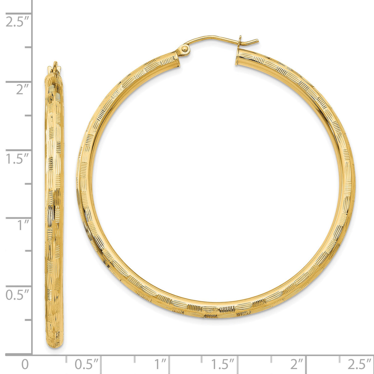 14k Yellow Gold Hoop Earrings with Textured Pattern, Lightweight Polished Finish for Women