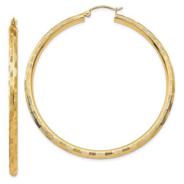 14k Yellow Gold Hoop Earrings, Textured Circular Design with Linear Pattern, Large Classic Style
