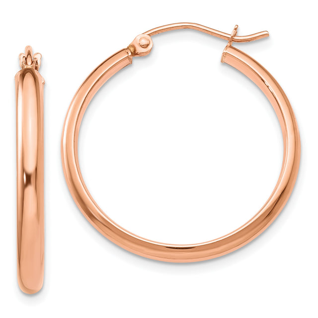 14k Rose Gold Hoop Earrings, Classic Round with Hinge Closure, Lightweight Minimalist Style